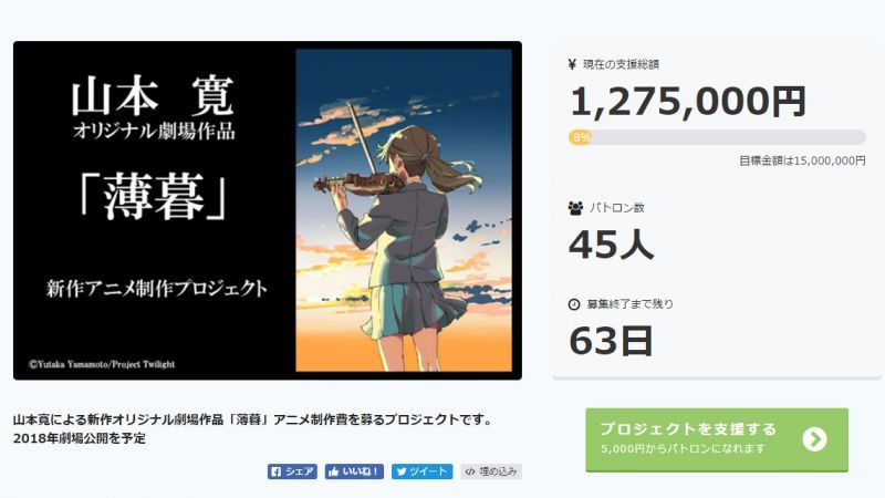 【沒有枷鎖地自由創作】以眾籌募集製作資金,山本寬原創劇場版動畫《薄暮》預定2018年上映